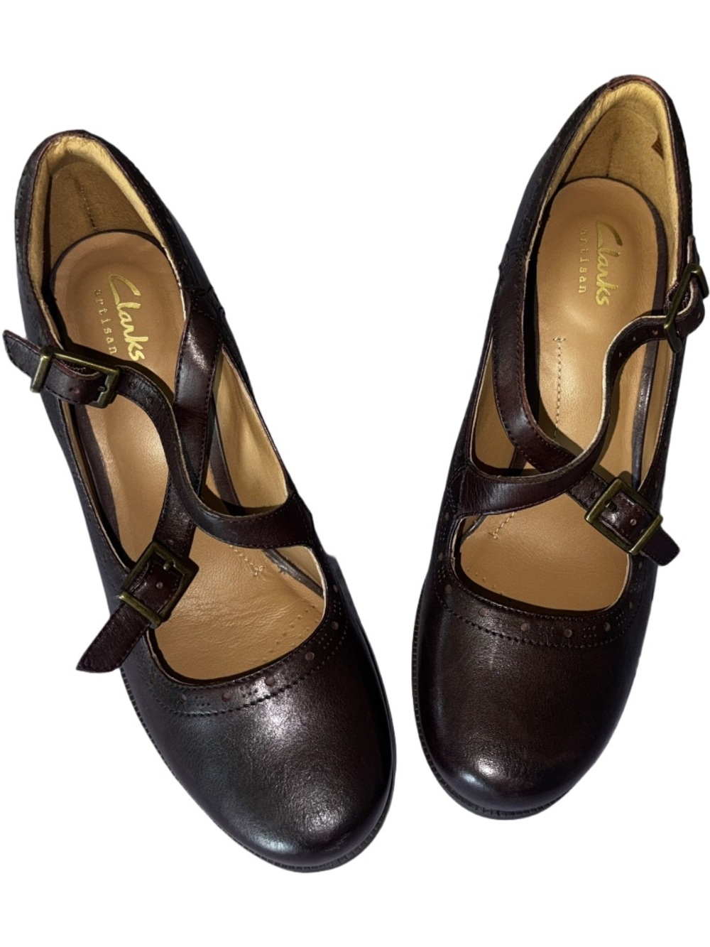Clarks Dark Brown Leather Mary Jane Heels with Buckle Straps